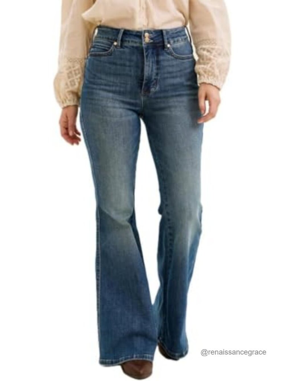 High Waisted Flare Jeans Tummy Control Double Button Shield Pockets